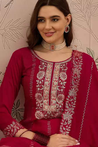 embroidered dark pink vichitra silk round neck regular sleeve kurta palazzo sets