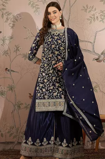 Saahmriga embroidered blue chinon round neck regular sleeve kurta palazzo sets