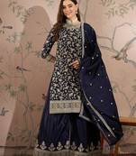 Saahmriga embroidered blue chinon round neck regular sleeve kurta palazzo sets