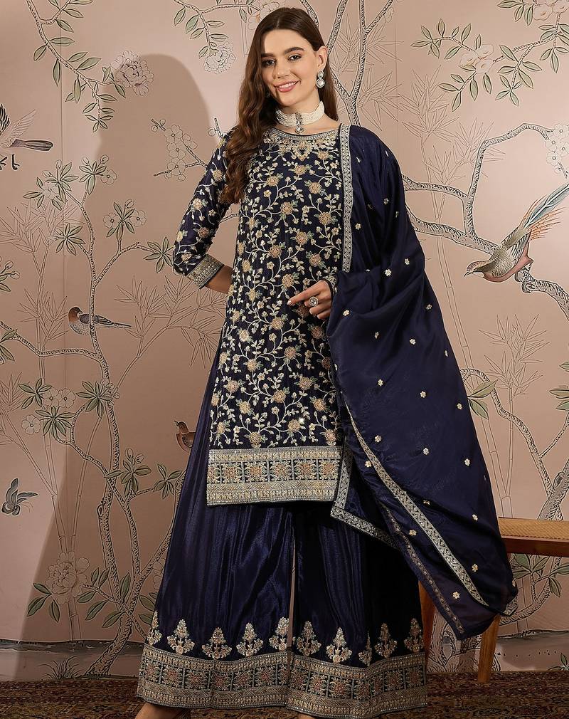 Saahmriga embroidered blue chinon round neck regular sleeve kurta palazzo sets