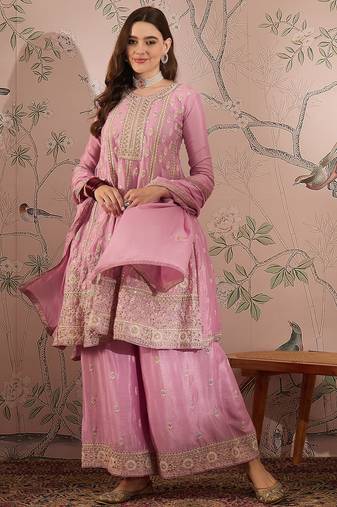 Saahmriga embroidered light pink chinon round neck regular sleeve kurta palazzo sets
