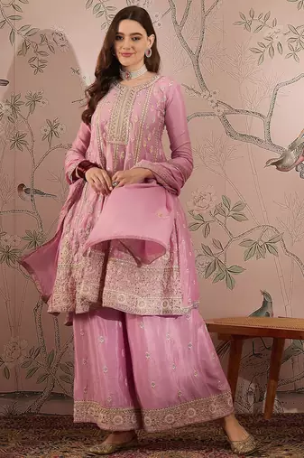 Saahmriga embroidered light pink chinon round neck regular sleeve kurta palazzo sets