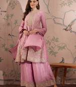 Saahmriga embroidered light pink chinon round neck regular sleeve kurta palazzo sets