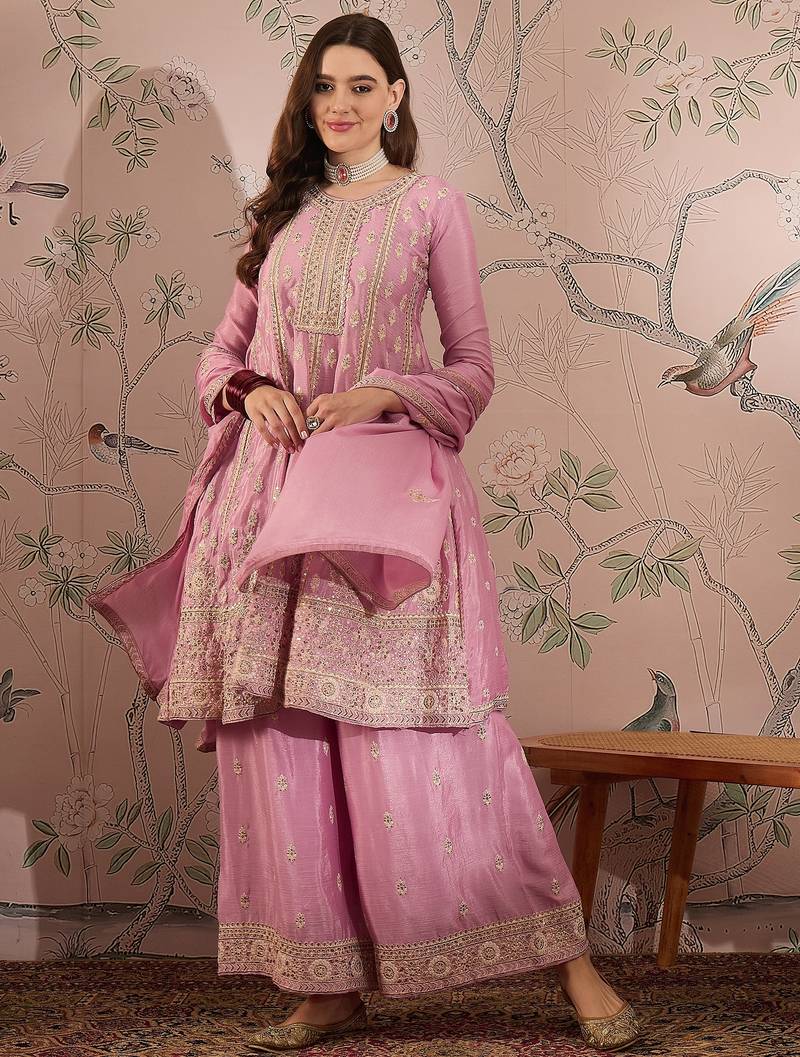 Saahmriga embroidered light pink chinon round neck regular sleeve kurta palazzo sets