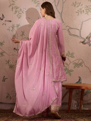  embroidered light pink chinon round neck regular sleeve kurta palazzo sets 2
