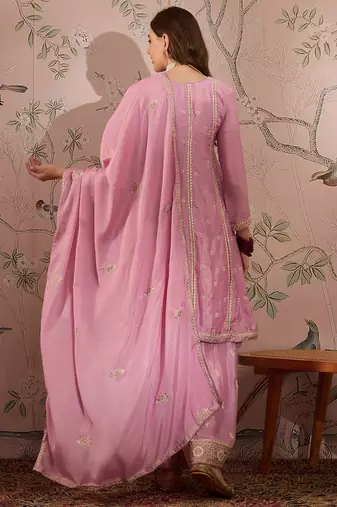  embroidered light pink chinon round neck regular sleeve kurta palazzo sets