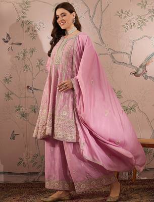  embroidered light pink chinon round neck regular sleeve kurta palazzo sets 3