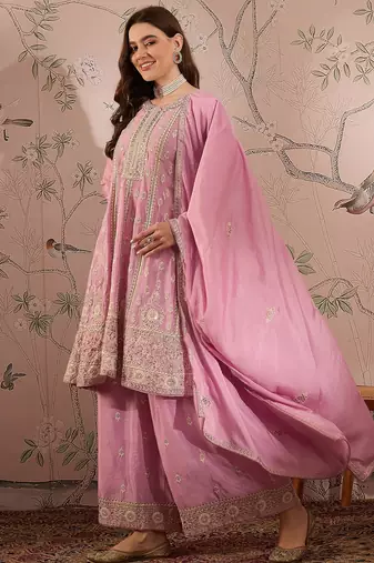  embroidered light pink chinon round neck regular sleeve kurta palazzo sets