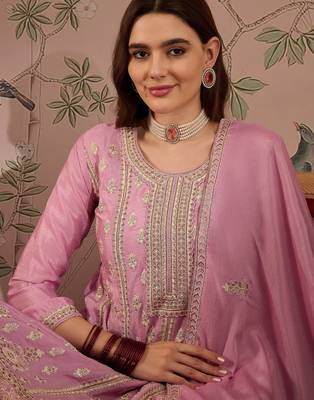  embroidered light pink chinon round neck regular sleeve kurta palazzo sets 4