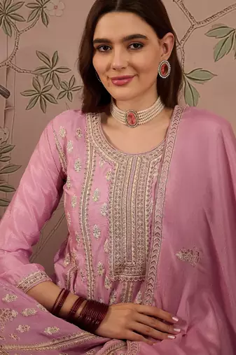  embroidered light pink chinon round neck regular sleeve kurta palazzo sets