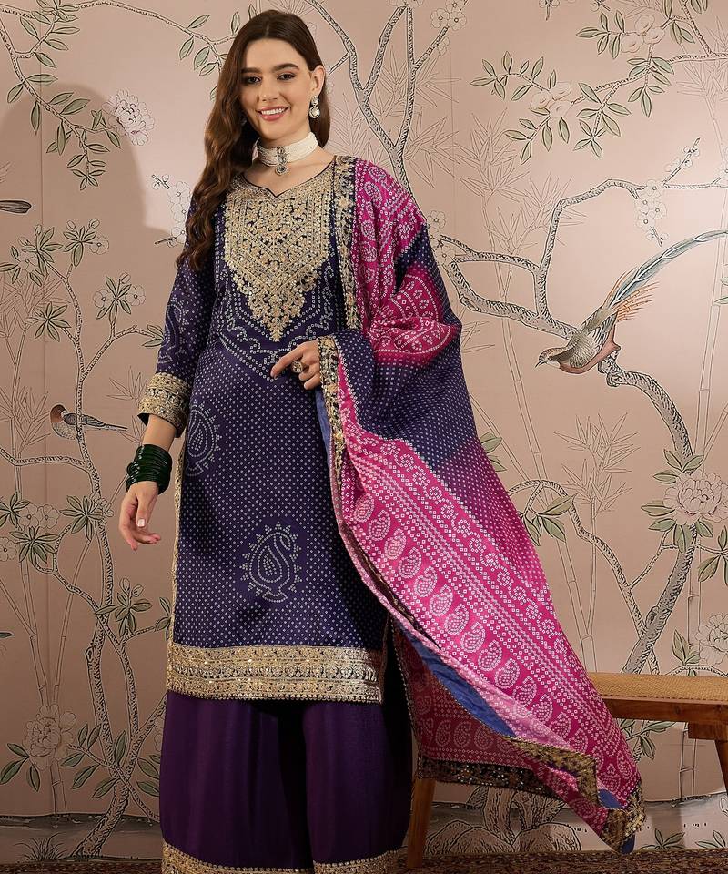 Saahmriga embroidered purple chinon notch neck regular sleeve kurta palazzo sets