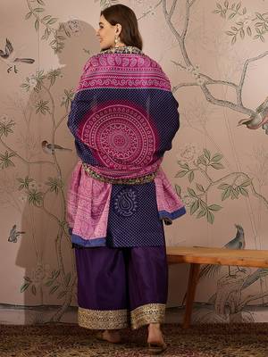  embroidered purple chinon notch neck regular sleeve kurta palazzo sets 2