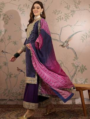  embroidered purple chinon notch neck regular sleeve kurta palazzo sets 3