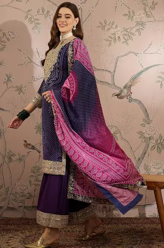  embroidered purple chinon notch neck regular sleeve kurta palazzo sets