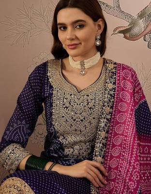  embroidered purple chinon notch neck regular sleeve kurta palazzo sets 4