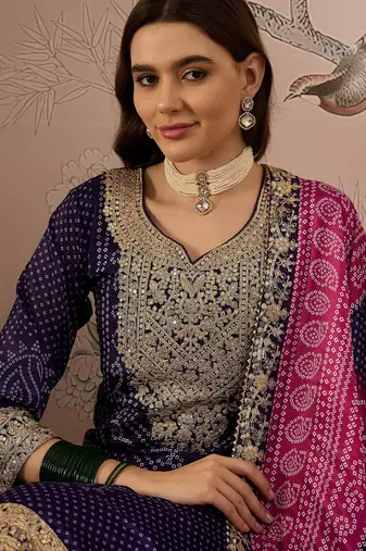  embroidered purple chinon notch neck regular sleeve kurta palazzo sets