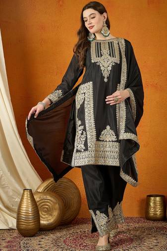 High-Fashion Black and Gold Silk Suit with Architectural Metallic Embroidery