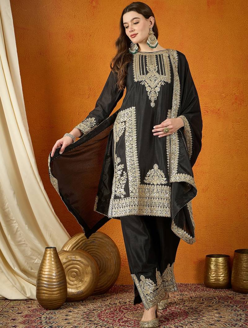 High-Fashion Black and Gold Silk Suit with Architectural Metallic Embroidery