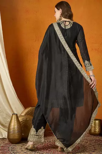 High-Fashion Black and Gold Silk Suit with Architectural Metallic Embroidery