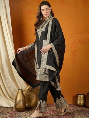 High-Fashion Black and Gold Silk Suit with Architectural Metallic Embroidery 3