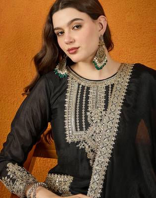 High-Fashion Black and Gold Silk Suit with Architectural Metallic Embroidery 4