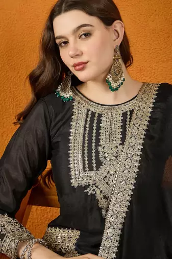 High-Fashion Black and Gold Silk Suit with Architectural Metallic Embroidery