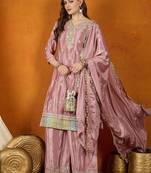usty Rose Pleated Silk Ethnic Set with Matching Potli Bag and Shimmer Borders