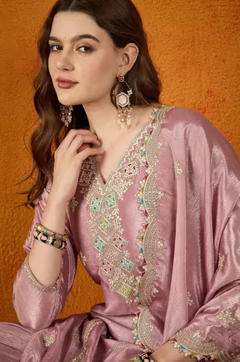 usty Rose Pleated Silk Ethnic Set with Matching Potli Bag and Shimmer Borders