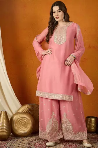 Luminous Pink Silk Suit Set with Fine Gold Embroidery and Palazzo Pants