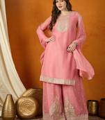 Luminous Pink Silk Suit Set with Fine Gold Embroidery and Palazzo Pants