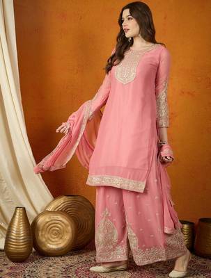 Luminous Pink Silk Suit Set with Fine Gold Embroidery and Palazzo Pants 3