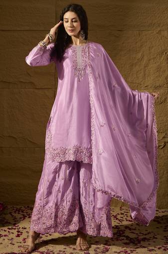 Lavender Silk Salwar Kameez with Meticulously Embroidered Hem and Neckline