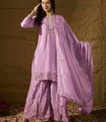 Lavender Silk Salwar Kameez with Meticulously Embroidered Hem and Neckline