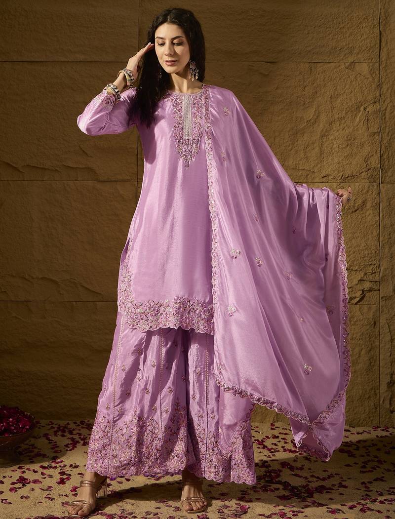 Lavender Silk Salwar Kameez with Meticulously Embroidered Hem and Neckline