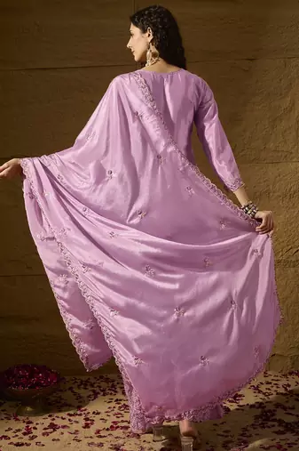 Lavender Silk Salwar Kameez with Meticulously Embroidered Hem and Neckline