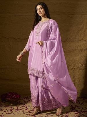 Lavender Silk Salwar Kameez with Meticulously Embroidered Hem and Neckline 3