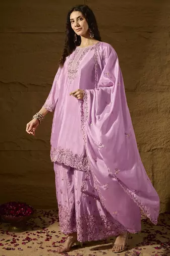 Lavender Silk Salwar Kameez with Meticulously Embroidered Hem and Neckline