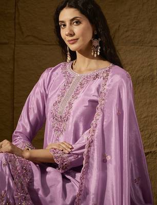 Lavender Silk Salwar Kameez with Meticulously Embroidered Hem and Neckline 4