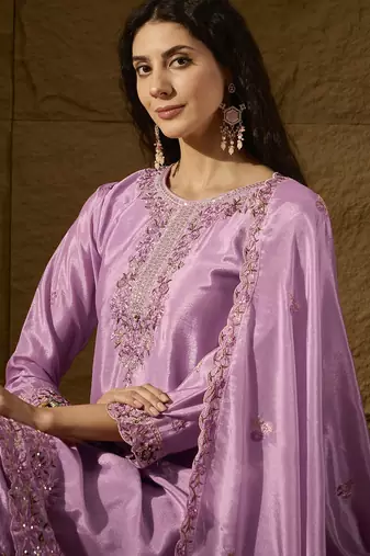 Lavender Silk Salwar Kameez with Meticulously Embroidered Hem and Neckline