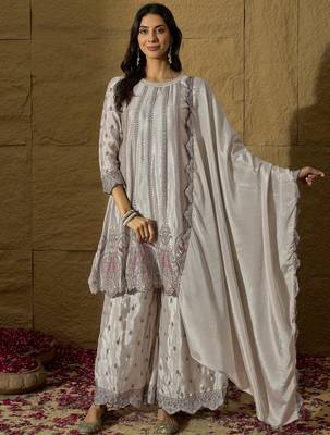 Sophisticated Silver-Grey Silk Suit with Ruffled Border and Tonal Embroidery 1