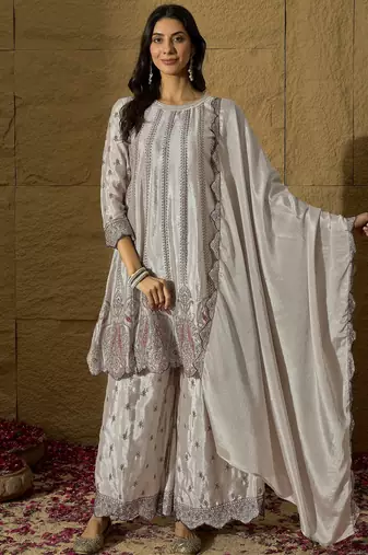 Sophisticated Silver-Grey Silk Suit with Ruffled Border and Tonal Embroidery