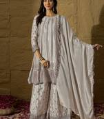 Sophisticated Silver-Grey Silk Suit with Ruffled Border and Tonal Embroidery