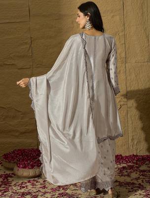 Sophisticated Silver-Grey Silk Suit with Ruffled Border and Tonal Embroidery 2