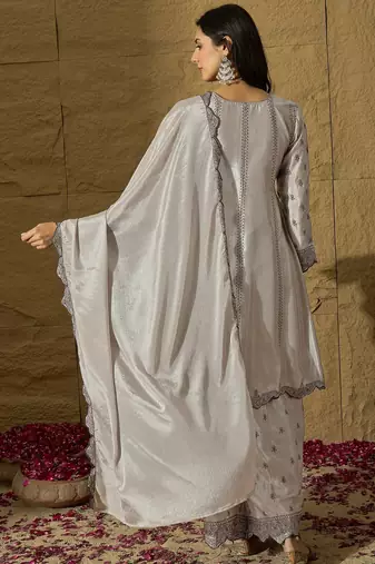 Sophisticated Silver-Grey Silk Suit with Ruffled Border and Tonal Embroidery