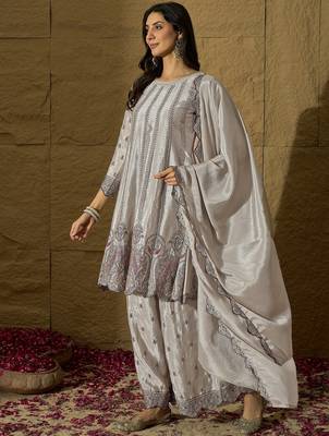 Sophisticated Silver-Grey Silk Suit with Ruffled Border and Tonal Embroidery 3