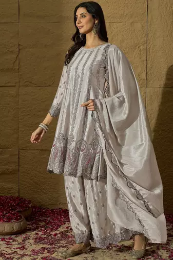 Sophisticated Silver-Grey Silk Suit with Ruffled Border and Tonal Embroidery