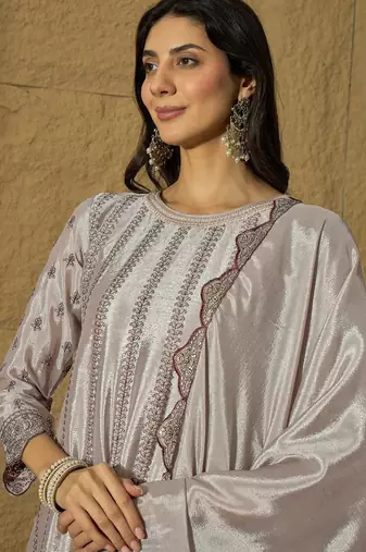 Sophisticated Silver-Grey Silk Suit with Ruffled Border and Tonal Embroidery