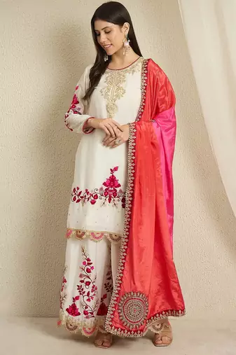 Elegant Cream Silk Suit with Fuchsia  Embroidery and Contrast Dupatta
