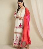 Elegant Cream Silk Suit with Fuchsia  Embroidery and Contrast Dupatta