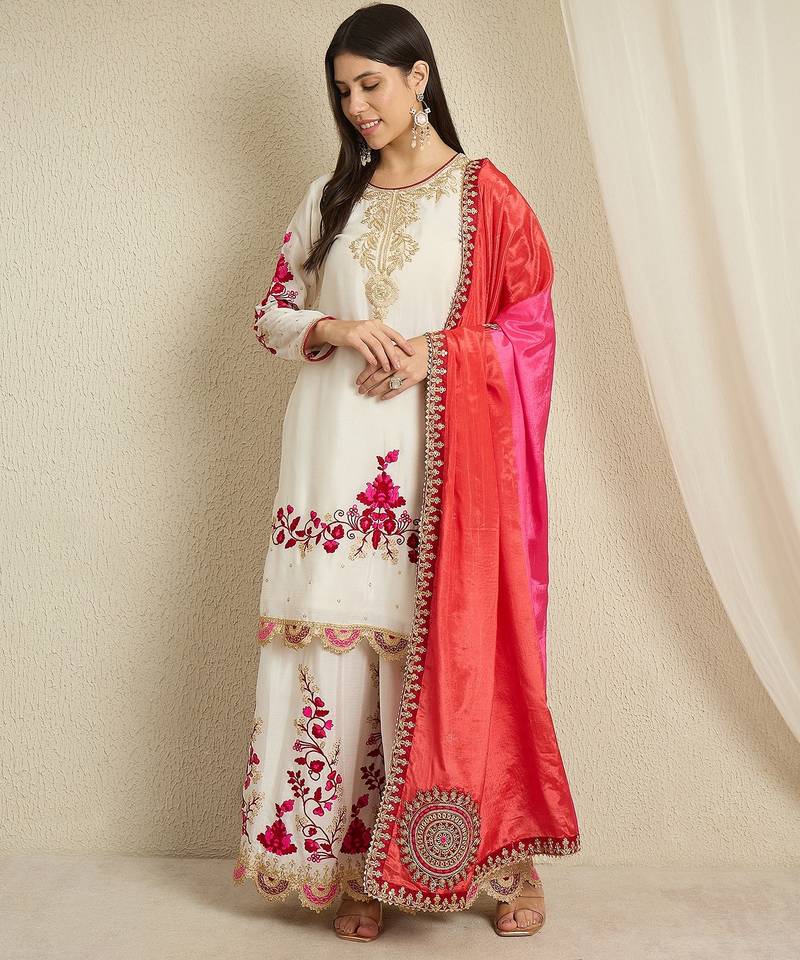 Elegant Cream Silk Suit with Fuchsia  Embroidery and Contrast Dupatta